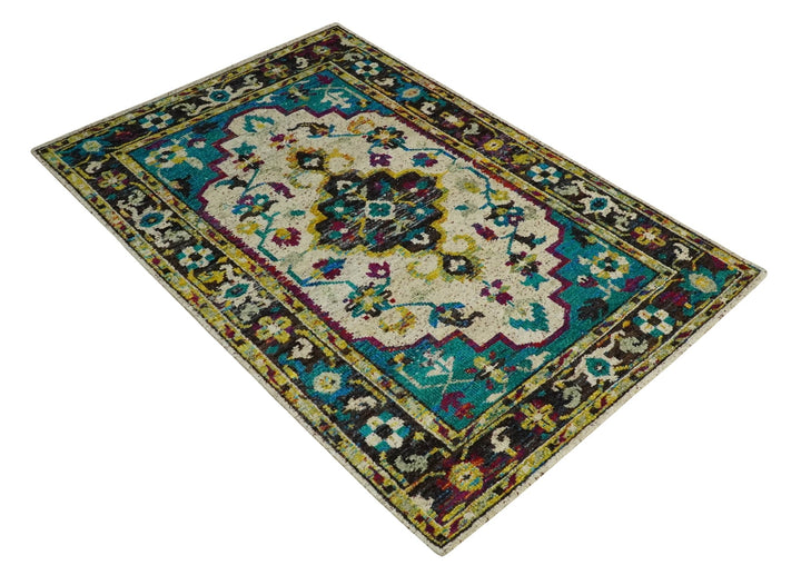 5x8 Hand Knotted Ivory, Teal Blue and Brown Antique Persian Style Contemporary Bamboo Silk Area Rug | OP76 - The Rug Decor