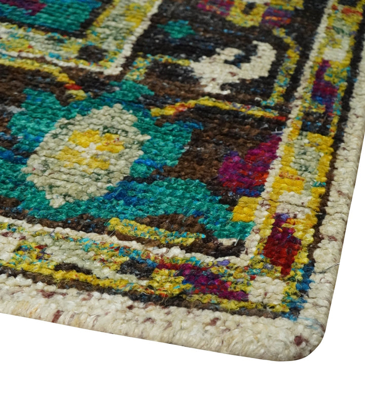 5x8 Hand Knotted Ivory, Teal Blue and Brown Antique Persian Style Contemporary Bamboo Silk Area Rug | OP76 - The Rug Decor