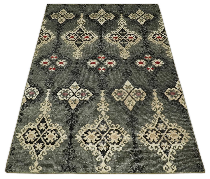 5x8 Hand Knotted Moss Green, Beige and Black Antique Persian Style Contemporary Recycled Silk Area Rug | OP73 - The Rug Decor