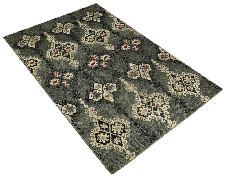 5x8 Hand Knotted Moss Green, Beige and Black Antique Persian Style Contemporary Recycled Silk Area Rug | OP73 - The Rug Decor