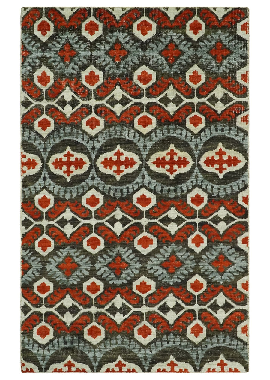 5x8 Hand Knotted Moss Green, Ivory and Rust Antique Persian Style Contemporary Recycled Silk Area Rug | OP83 - The Rug Decor