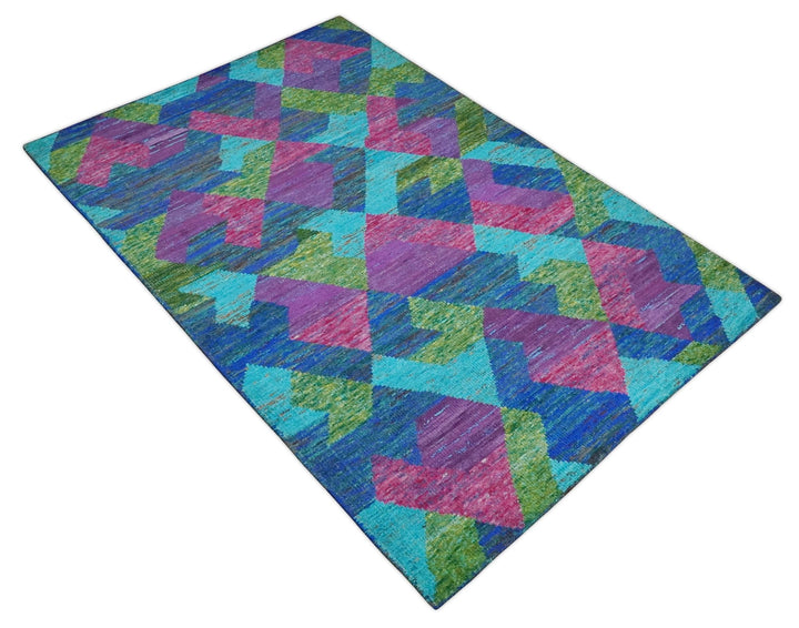 5x8 Hand Knotted Multicolor Modern Geometric Contemporary Recycled Silk Area Rug | OP78 - The Rug Decor