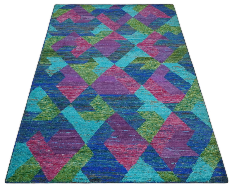 5x8 Hand Knotted Multicolor Modern Geometric Contemporary Recycled Silk Area Rug | OP78 - The Rug Decor