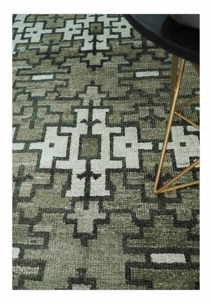 5x8 Hand Knotted Olive, Charcoal and White Modern Contemporary Southwestern Tribal Trellis Recycled Silk Area Rug | OP124 - The Rug Decor