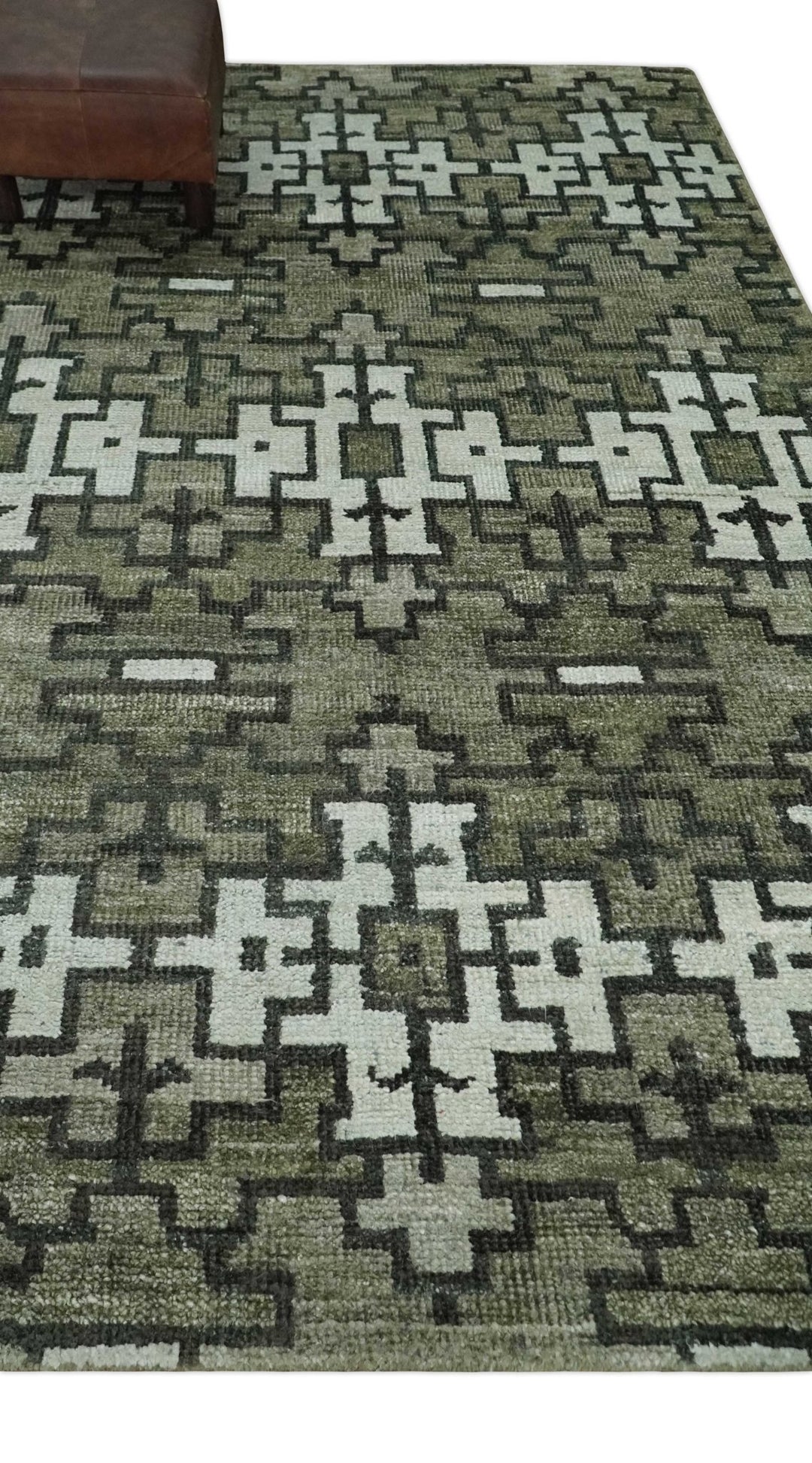 5x8 Hand Knotted Olive, Charcoal and White Modern Contemporary Southwestern Tribal Trellis Recycled Silk Area Rug | OP124 - The Rug Decor