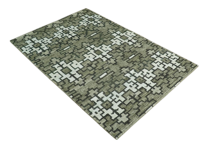 5x8 Hand Knotted Olive, Charcoal and White Modern Contemporary Southwestern Tribal Trellis Recycled Silk Area Rug | OP124 - The Rug Decor