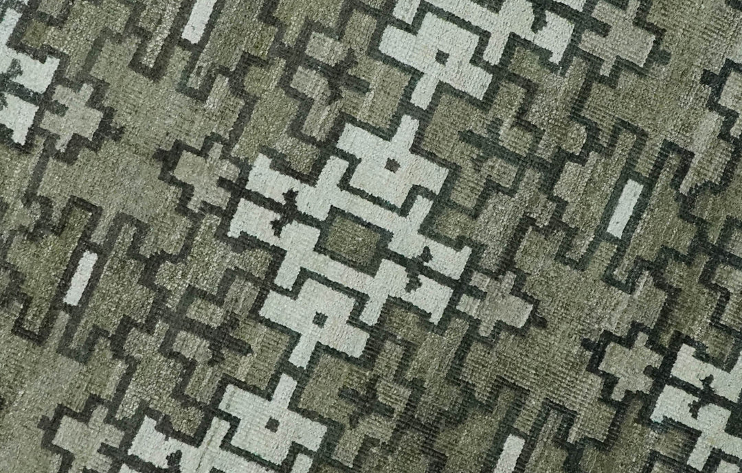 5x8 Hand Knotted Olive, Charcoal and White Modern Contemporary Southwestern Tribal Trellis Recycled Silk Area Rug | OP124 - The Rug Decor