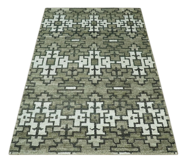 5x8 Hand Knotted Olive, Charcoal and White Modern Contemporary Southwestern Tribal Trellis Recycled Silk Area Rug | OP124 - The Rug Decor