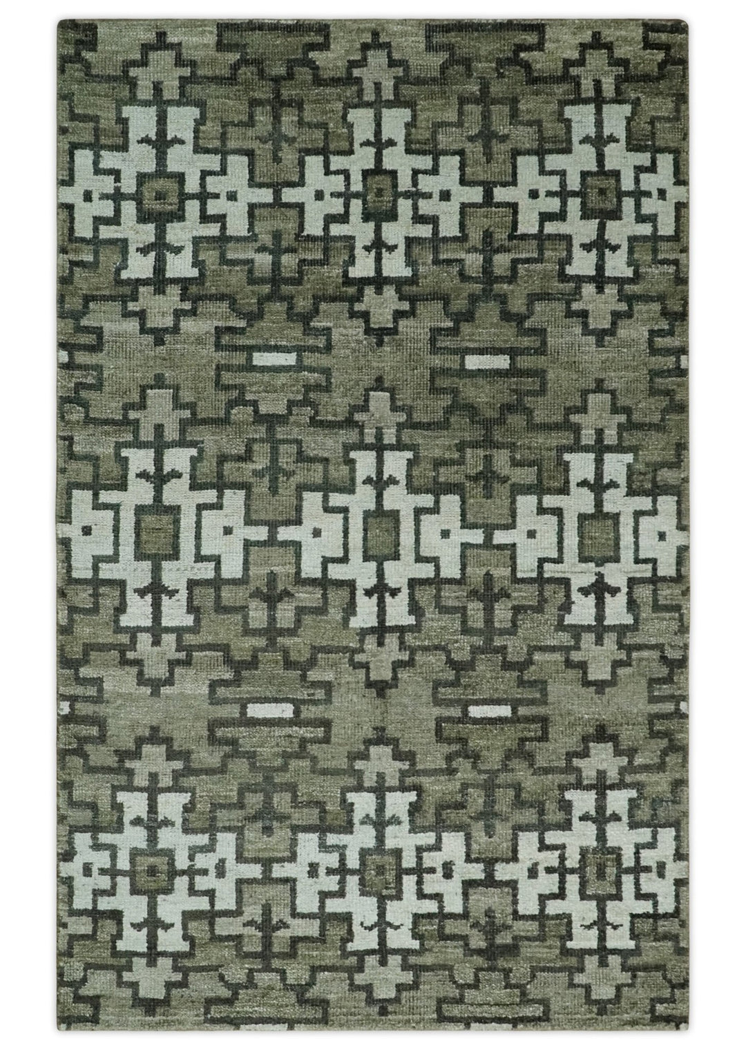 5x8 Hand Knotted Olive, Charcoal and White Modern Contemporary Southwestern Tribal Trellis Recycled Silk Area Rug | OP124 - The Rug Decor