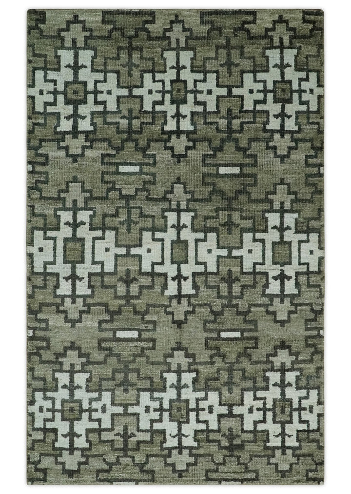 5x8 Hand Knotted Olive, Charcoal and White Modern Contemporary Southwestern Tribal Trellis Recycled Silk Area Rug | OP124 - The Rug Decor