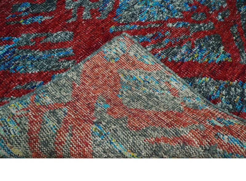 5x8 Hand Knotted Red, Gray and Blue Modern Abstract Contemporary Recycled Silk Area Rug | OP128 - The Rug Decor