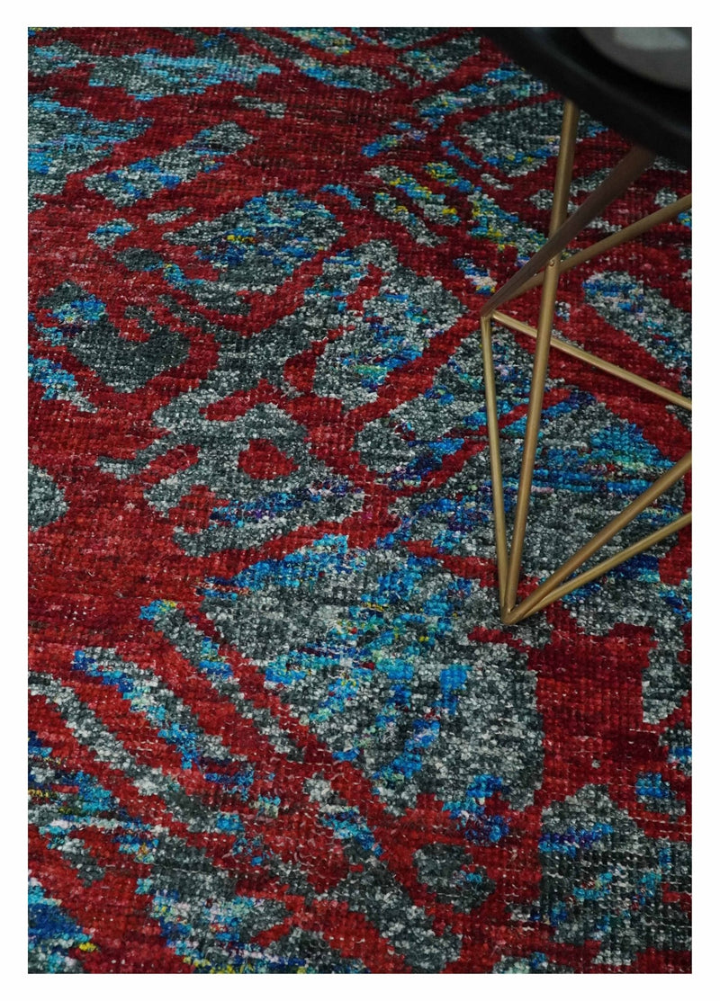 5x8 Hand Knotted Red, Gray and Blue Modern Abstract Contemporary Recycled Silk Area Rug | OP128 - The Rug Decor
