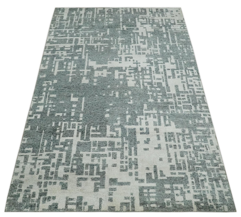 5x8 Hand Knotted Silver, Charcoal and Ivory Modern Abstract Contemporary Recycled Silk Area Rug - The Rug Decor