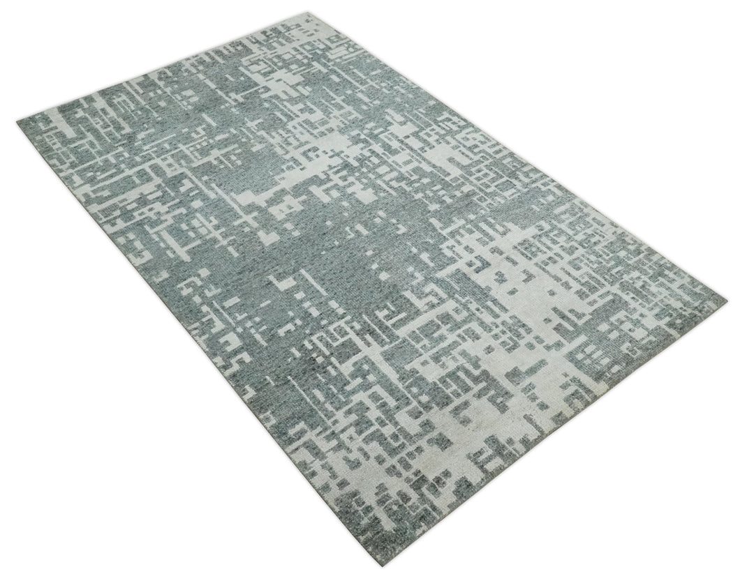 5x8 Hand Knotted Silver, Charcoal and Ivory Modern Abstract Contemporary Recycled Silk Area Rug - The Rug Decor
