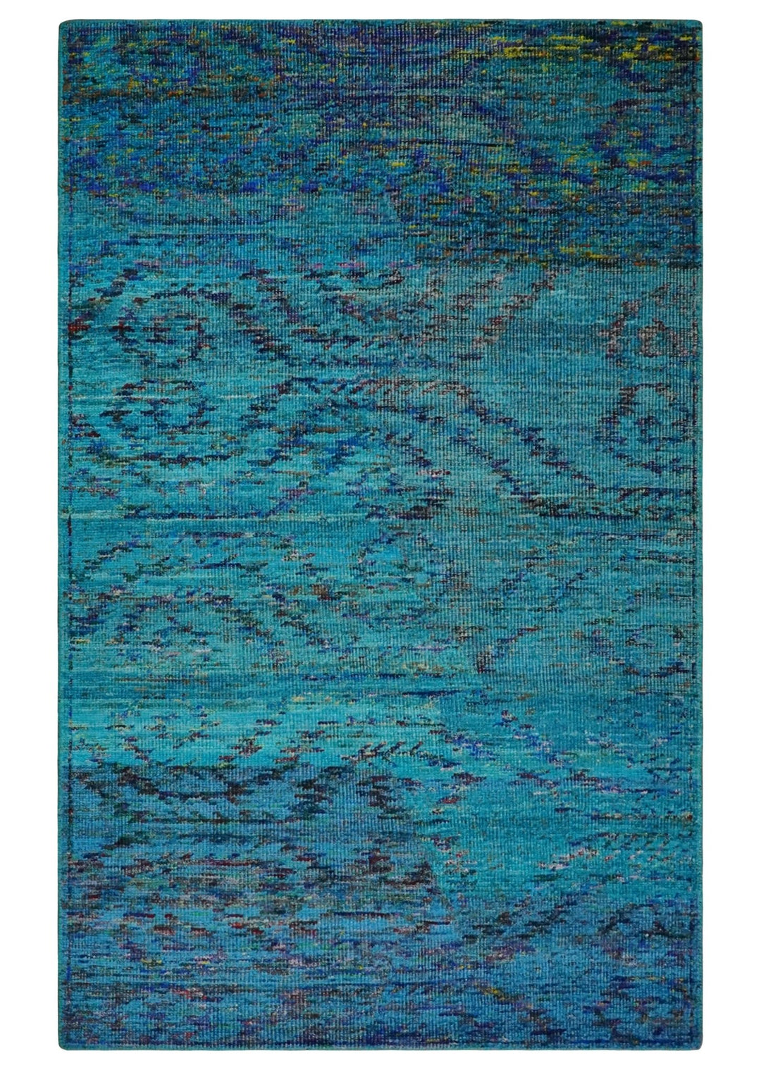 5x8 Hand Knotted Teal Blue and Violet Modern Contemporary Southwestern Tribal Trellis Recycled Silk Area Rug | OP112 - The Rug Decor