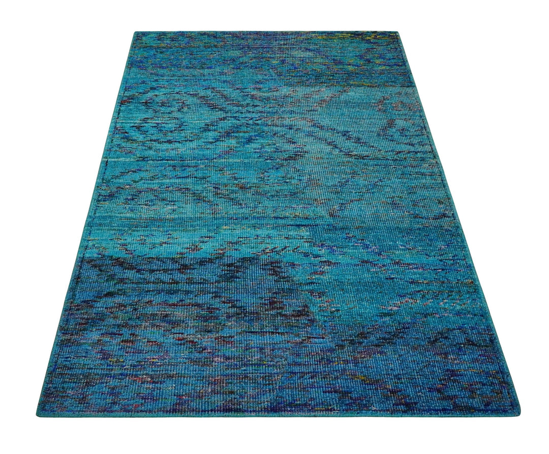 5x8 Hand Knotted Teal Blue and Violet Modern Contemporary Southwestern Tribal Trellis Recycled Silk Area Rug | OP112 - The Rug Decor