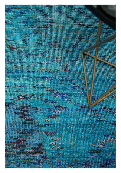 5x8 Hand Knotted Teal Blue and Violet Modern Contemporary Southwestern Tribal Trellis Recycled Silk Area Rug | OP112 - The Rug Decor