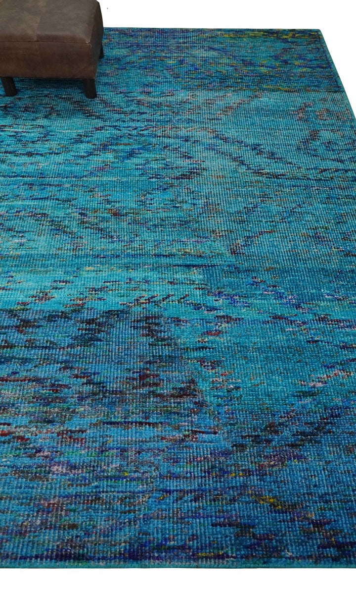 5x8 Hand Knotted Teal Blue and Violet Modern Contemporary Southwestern Tribal Trellis Recycled Silk Area Rug | OP112 - The Rug Decor