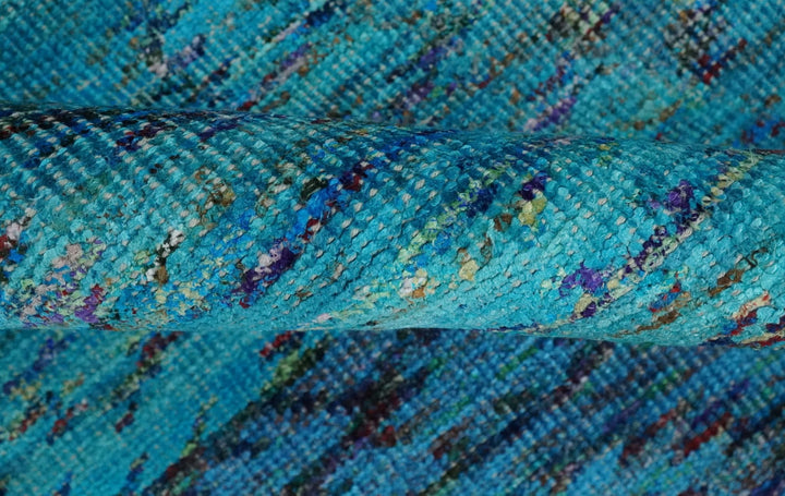 5x8 Hand Knotted Teal Blue and Violet Modern Contemporary Southwestern Tribal Trellis Recycled Silk Area Rug | OP112 - The Rug Decor