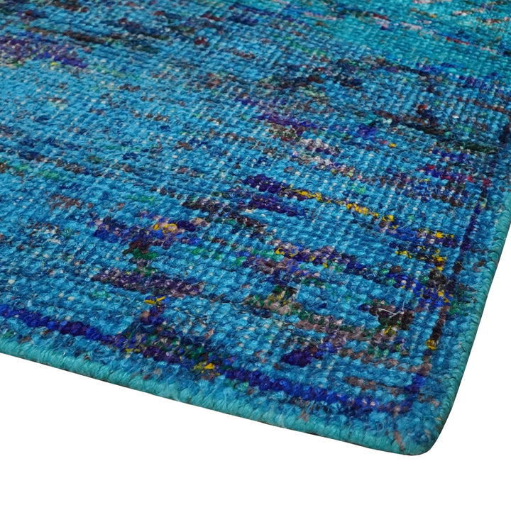 5x8 Hand Knotted Teal Blue and Violet Modern Contemporary Southwestern Tribal Trellis Recycled Silk Area Rug | OP112 - The Rug Decor