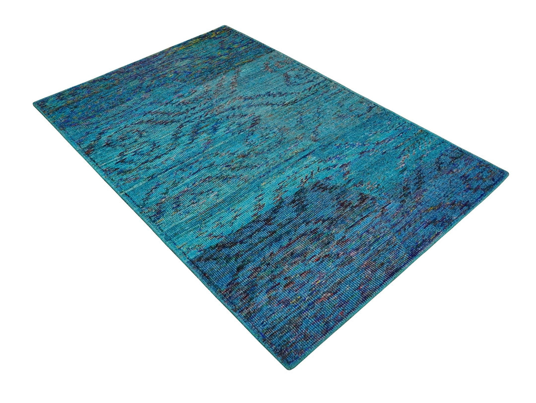 5x8 Hand Knotted Teal Blue and Violet Modern Contemporary Southwestern Tribal Trellis Recycled Silk Area Rug | OP112 - The Rug Decor