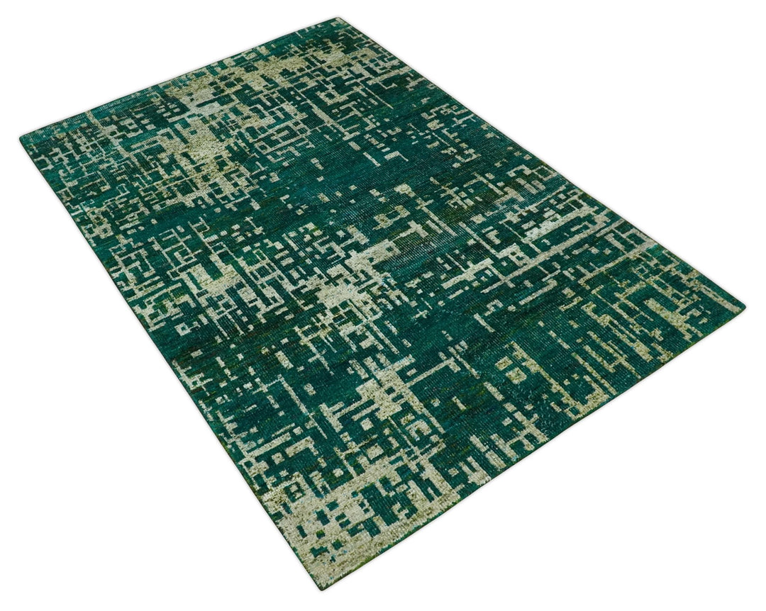 5x8 Hand Knotted Teal Green, Olive and Beige Modern Abstract Contemporary Recycled Silk Area Rug | OP130 - The Rug Decor
