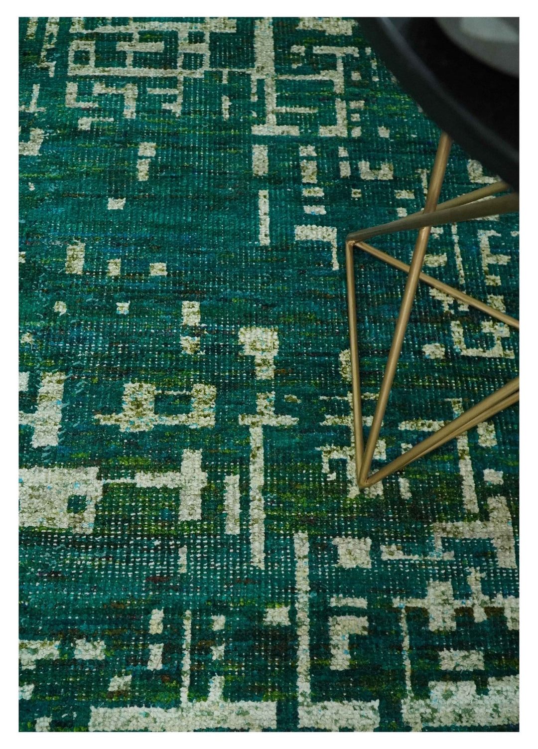 5x8 Hand Knotted Teal Green, Olive and Beige Modern Abstract Contemporary Recycled Silk Area Rug | OP130 - The Rug Decor