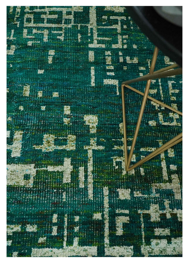 5x8 Hand Knotted Teal Green, Olive and Beige Modern Abstract Contemporary Recycled Silk Area Rug | OP130 - The Rug Decor