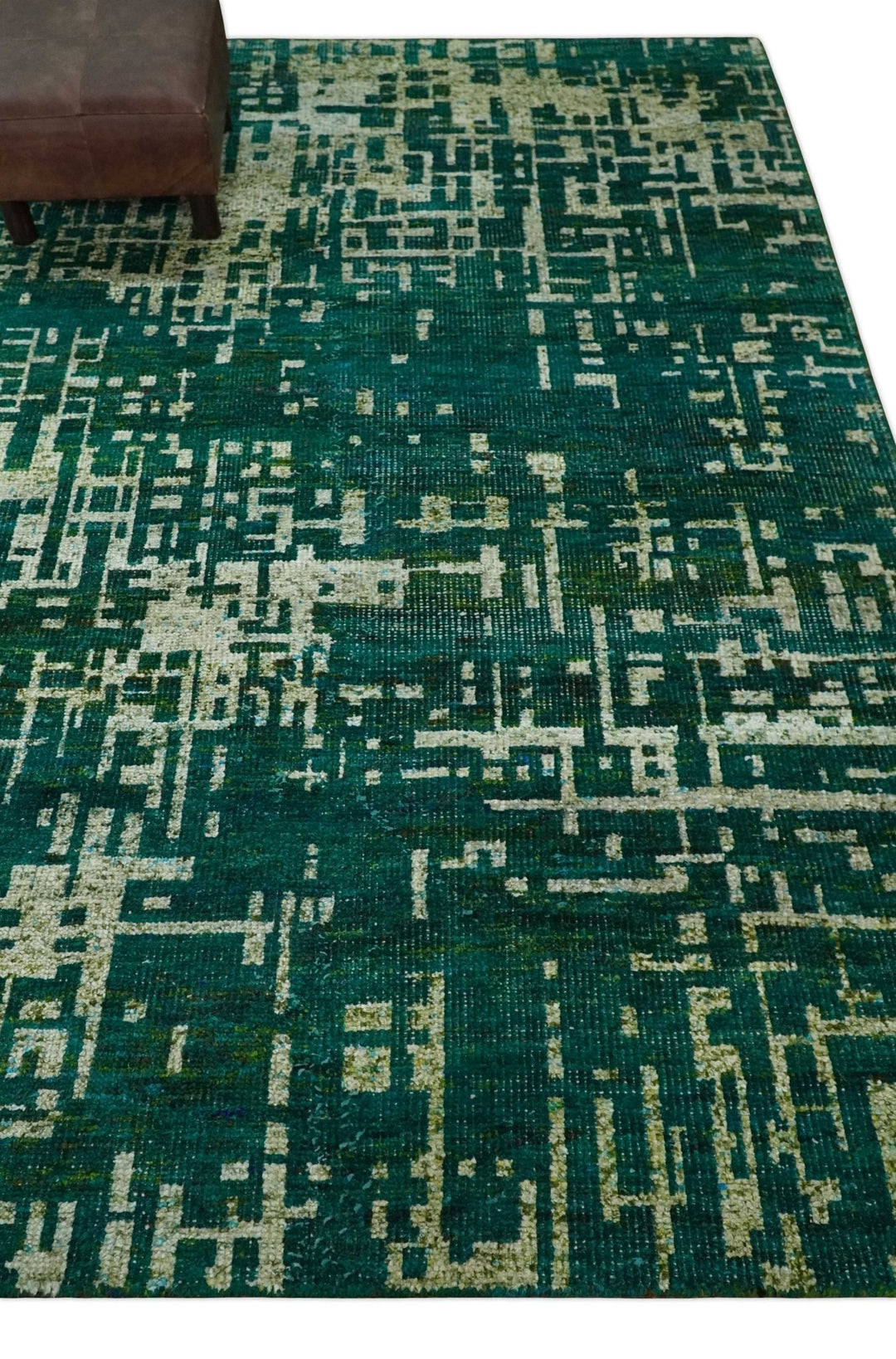 5x8 Hand Knotted Teal Green, Olive and Beige Modern Abstract Contemporary Recycled Silk Area Rug | OP130 - The Rug Decor
