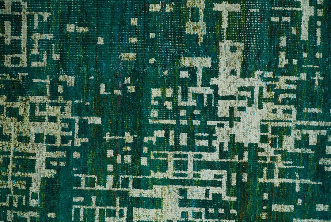 5x8 Hand Knotted Teal Green, Olive and Beige Modern Abstract Contemporary Recycled Silk Area Rug | OP130 - The Rug Decor