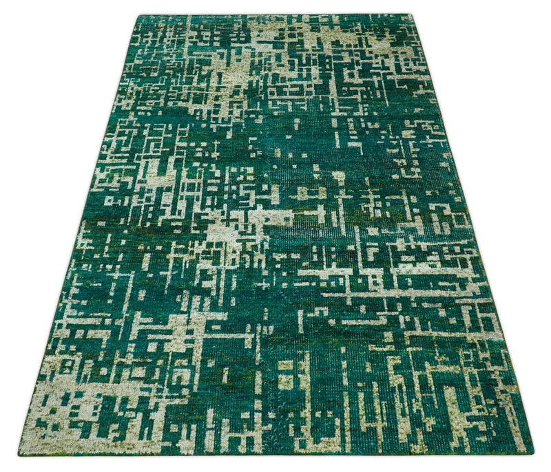 5x8 Hand Knotted Teal Green, Olive and Beige Modern Abstract Contemporary Recycled Silk Area Rug | OP130 - The Rug Decor