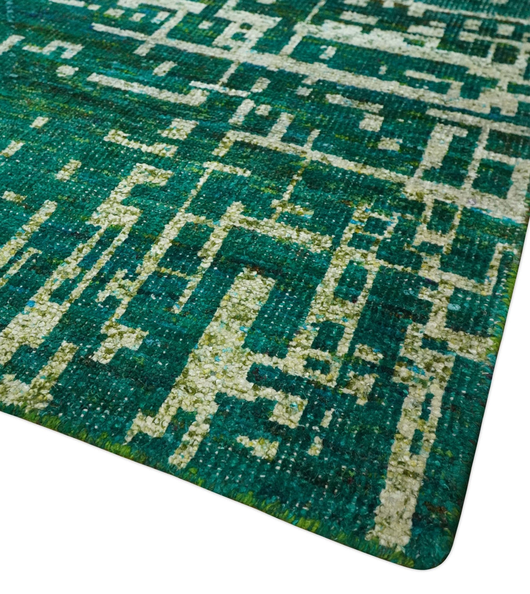5x8 Hand Knotted Teal Green, Olive and Beige Modern Abstract Contemporary Recycled Silk Area Rug | OP130 - The Rug Decor