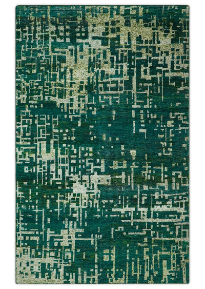 5x8 Hand Knotted Teal Green, Olive and Beige Modern Abstract Contemporary Recycled Silk Area Rug | OP130 - The Rug Decor