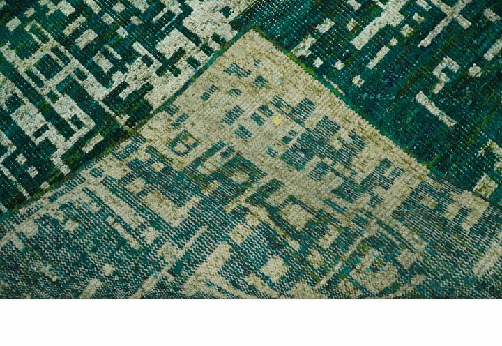 5x8 Hand Knotted Teal Green, Olive and Beige Modern Abstract Contemporary Recycled Silk Area Rug | OP130 - The Rug Decor