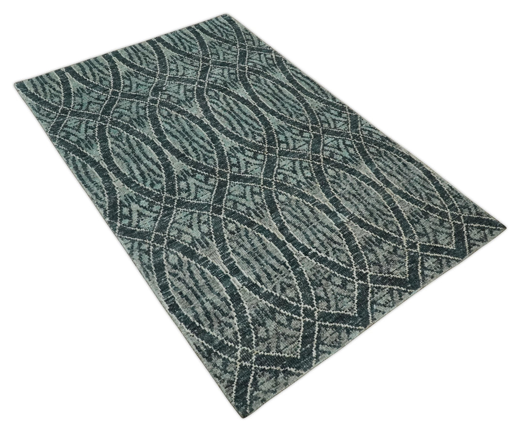 5x8 Hand Knotted Teal, Ivory and Blue Modern Style Contemporary Recycled Silk Area Rug | OP109 - The Rug Decor