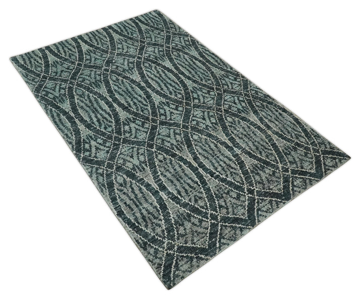 5x8 Hand Knotted Teal, Ivory and Blue Modern Style Contemporary Recycled Silk Area Rug | OP109 - The Rug Decor