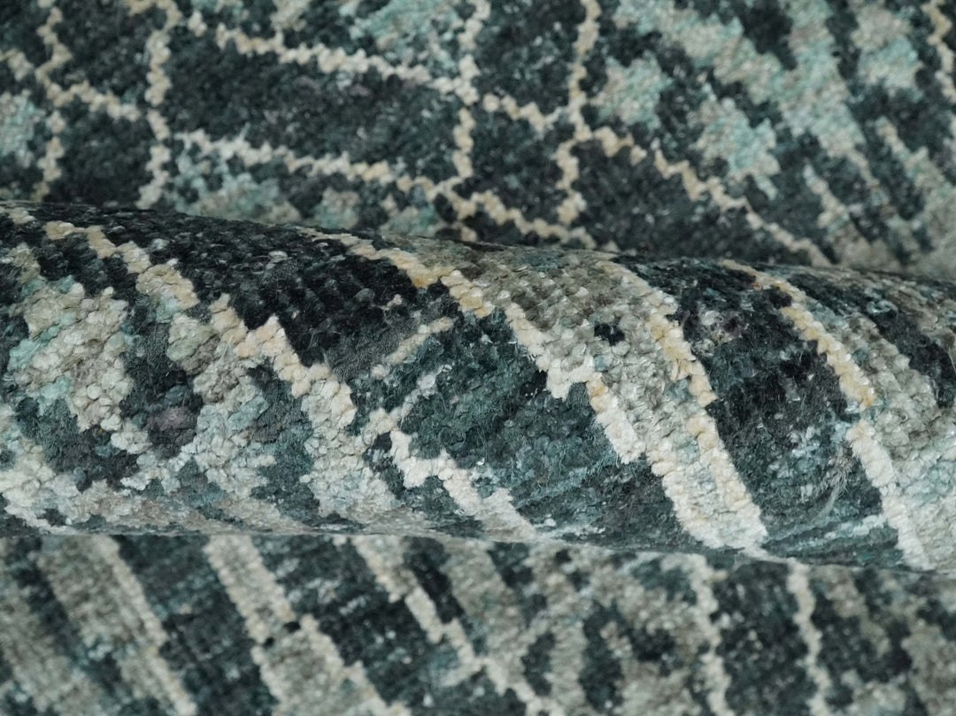 5x8 Hand Knotted Teal, Ivory and Blue Modern Style Contemporary Recycled Silk Area Rug | OP109 - The Rug Decor