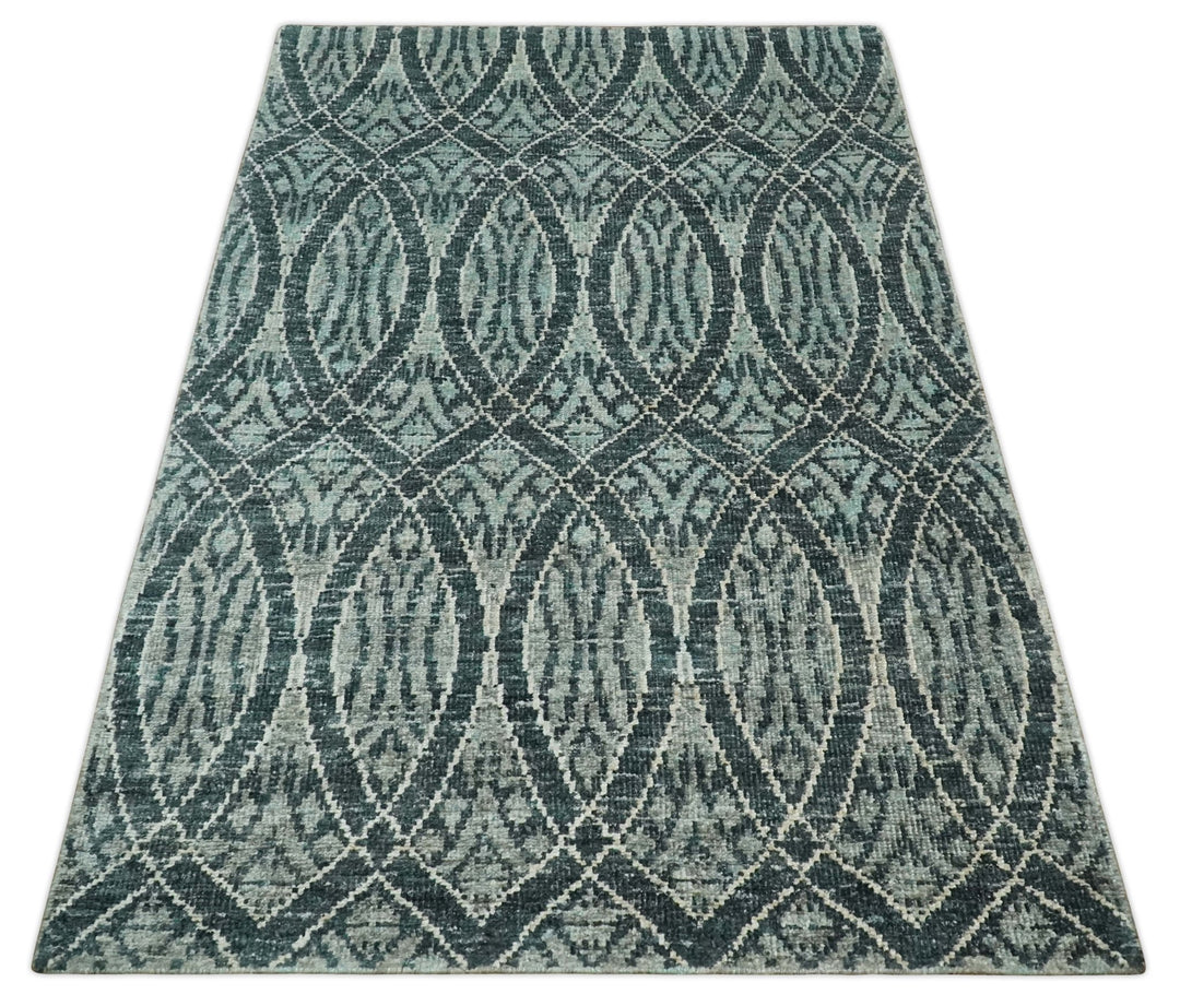 5x8 Hand Knotted Teal, Ivory and Blue Modern Style Contemporary Recycled Silk Area Rug | OP109 - The Rug Decor