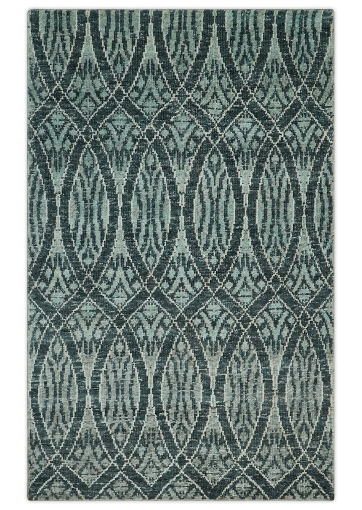5x8 Hand Knotted Teal, Ivory and Blue Modern Style Contemporary Recycled Silk Area Rug | OP109 - The Rug Decor