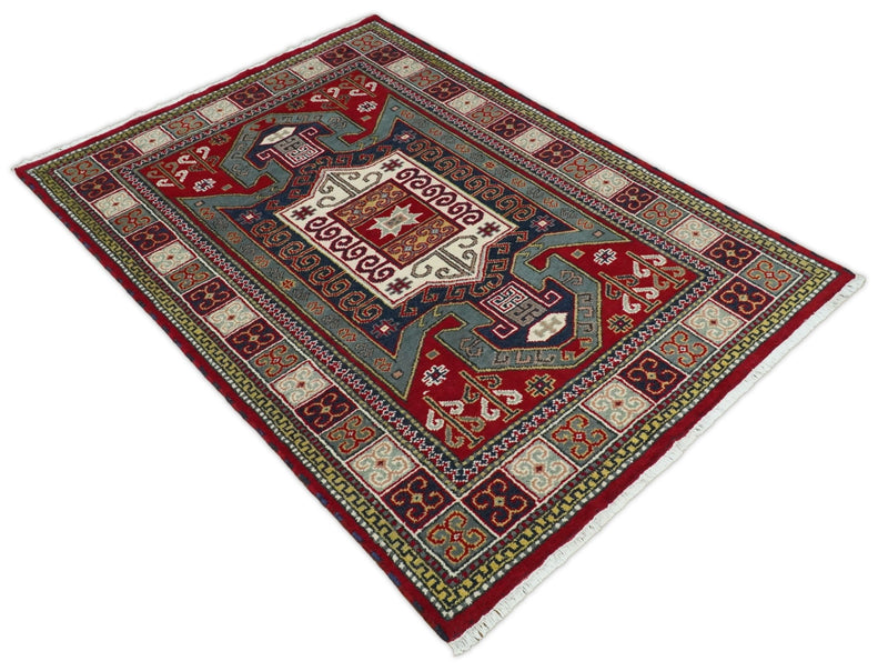 5x8 Hand Knotted traditional Kazak Rust and Blue Traditional Armenian Rug | KZA21 - The Rug Decor