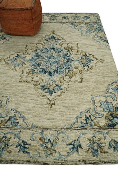 5x8 Hand Tufted Beige and Blue Persian Style Antique Oriental Wool Area Rug | TRDMA31 - The Rug Decor