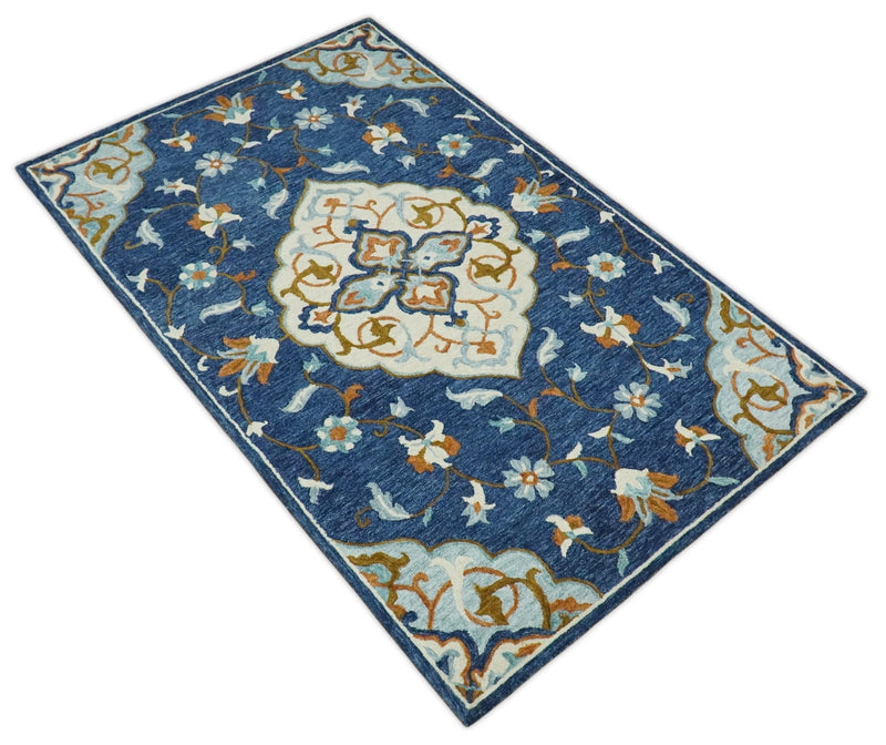 5x8 Hand Tufted Beige and Blue Persian Style Antique Oriental Wool Area Rug | TRDMA62 - The Rug Decor