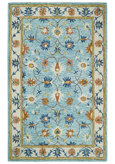 5x8 Hand Tufted Beige and Blue Persian Style Antique Oriental Wool Area Rug | TRDMA78 - The Rug Decor