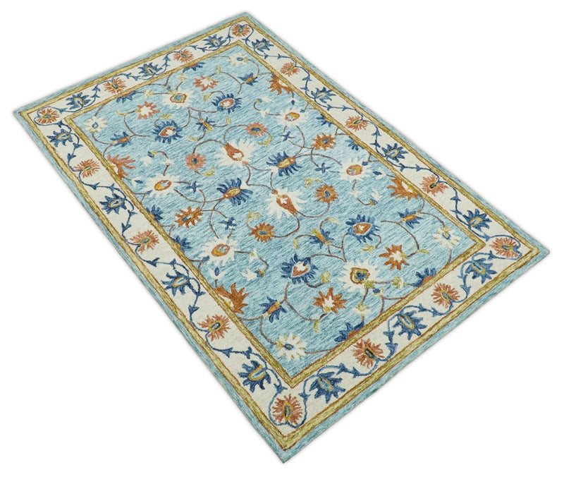 5x8 Hand Tufted Beige and Blue Persian Style Antique Oriental Wool Area Rug | TRDMA78 - The Rug Decor