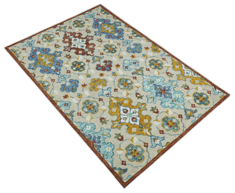 5x8 Hand Tufted Beige and Blue Persian Style Antique Oriental Wool Area Rug | TRDMA80 - The Rug Decor