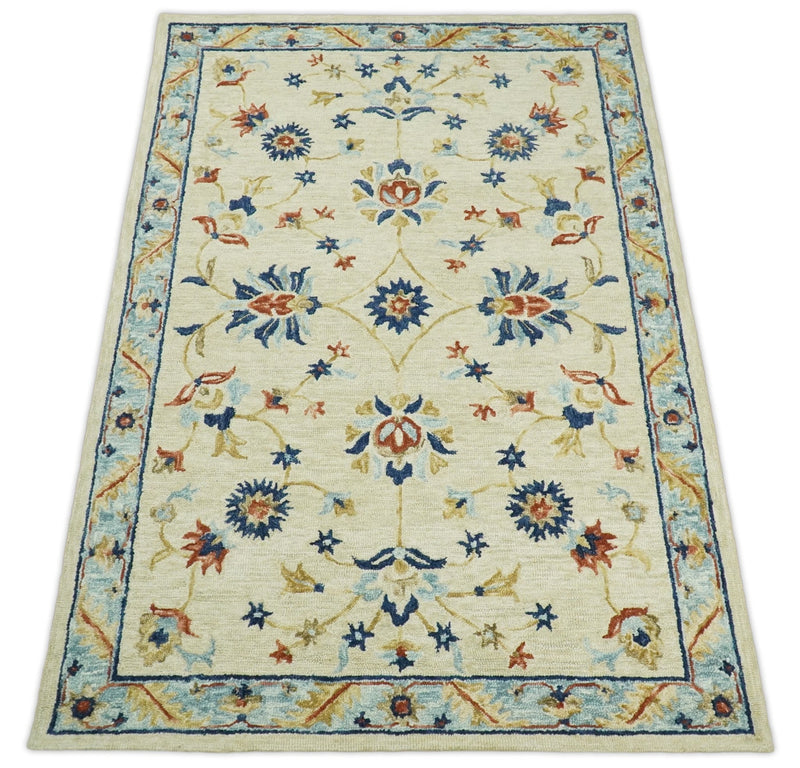 5x8 Hand Tufted Beige and Blue Persian Style Antique Oriental Wool Area Rug | TRDMA81 - The Rug Decor