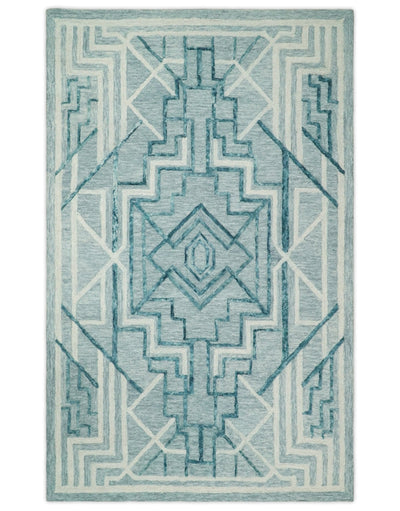 5x8 Hand Tufted Blue and Beige Modern Geometric Wool Area Rug | TRDMA70 - The Rug Decor