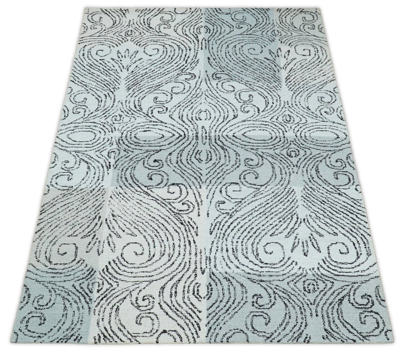 5x8 Hand Tufted Blue and Black Modern Ikat traditional Wool Area Rug | TRDMA96 - The Rug Decor