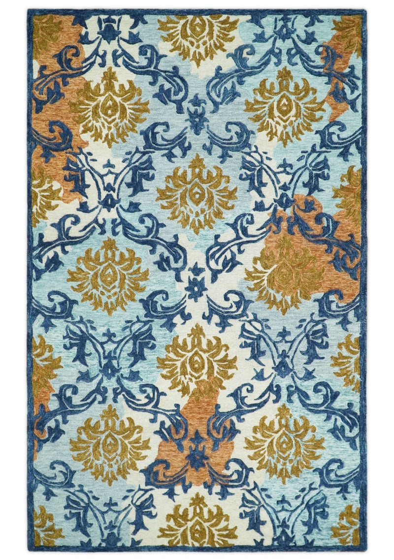 5x8 Hand Tufted Blue and Gold Modern Damask traditional Wool Area Rug | TRDMA60 - The Rug Decor