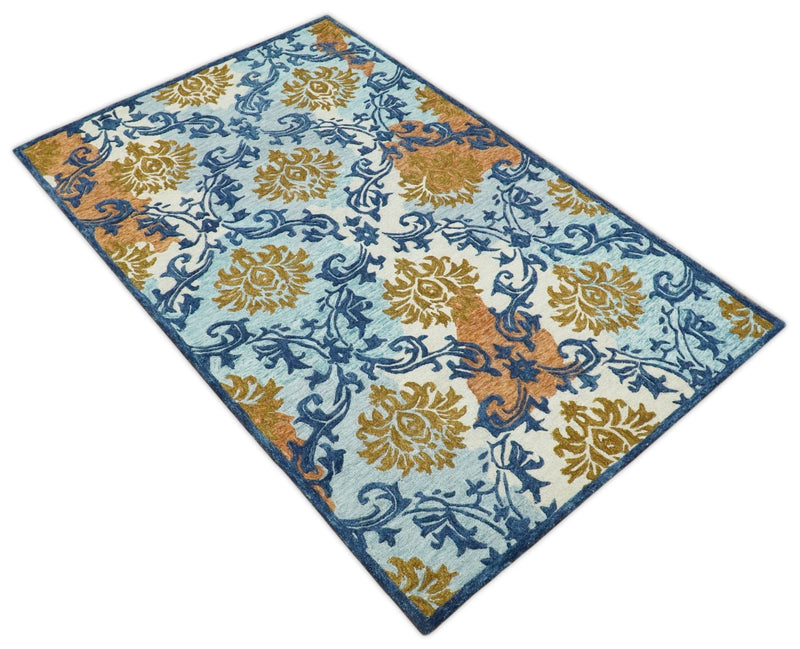 5x8 Hand Tufted Blue and Gold Modern Damask traditional Wool Area Rug | TRDMA60 - The Rug Decor